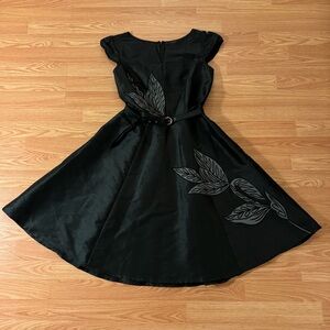 Eshakti Black Fit & Flare Belted Embroidered Botanical Leaf Pinup Work Dress M